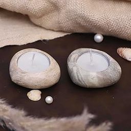 Katkaria Creations Marble Pebble Tea Light Holder Set of 2 | Soapstone Candle Holder for Home Decor and Candle Light Dinner | Handcrafted by Indian Artisans | Festive Gifting | 2 Tea Lights Included-22
