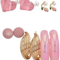 Gold Plated Pink Heart And Hoop Flower Decor Earrings Set For Women & Girls-image-57