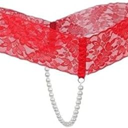 5xSexy Women Crotchless Panties Sheer Lace Thong Underwear Pearls Strings Red-image-77