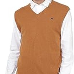 Men's Mustard V-Neck Sleeveless Sweater-image-36