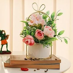 TIED RIBBONS Polyester Artificial Rose Flowers With Pot And Stand (20.3 Cm X 10.1 Cm, Multi) Decorative Items For Home Décor Living Room Bedroom Office Centerpiece Table-52