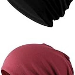 CALANDIS™ 2 Pieces Cotton Slouchy Baggy Beanie Chemo Hat Slouchy Cap Black+Red | Womens Accessories-image-18
