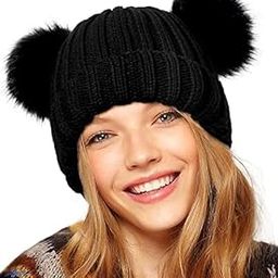 Toddler Double Pom Pom Beanie Women Winter hat Warm Soft Toddler Cap Cute Knitted Beanie for Women (Black)-image-94