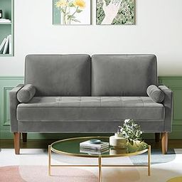 Vesgantti Small 2 Seater Sofa, Comfy Sofa Couch with Spring Cushion, Velvet Sofa with Wood Legs, Modern Love Seat Sofa, Sofa 2 Seater for Living Room, Small Sofa for Bedroom, Greyish Green Office Sofa-image-61