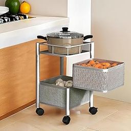 Kuber Industries Metal Square Mesh Rotating 2 Tier Onion Potato Rack for Kitchen | Kitchen Storage Rack for Home | Suitable Vegetable Basket Stand/Aloo Pyaz Trolley with Wheels | Silver-image-1
