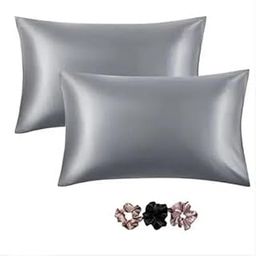 Satin Silk Pillow Cover for Hair and Skin 2 Piece with 3 Piece CRUNSHIES |Silk Pillow Covers with Envelope Closure end Design|Silk Pillow Cases(Silver-2)-image-89