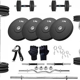 NOVIAN FITNESS Rubber Home Gym Set with 3Ft Curl 5Ft Straight Rod, Pair of Dumbbell Rods, rubber Weight Plates Combo, Gym Equipment for Workout Fitness Exercise Kit ( Rubber Home Gym Set) (60, Kilograms)-image-44