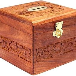 Wooden Sheesham Wood Handmade Money Bank, Storage Coin Box Gift itmes for Kids and Adult with Carving Work Size: 4X4 [Brown]-picture-19