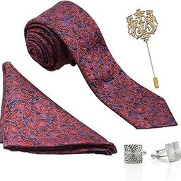 Red Polyester Men's Tie, Pocket Square, Lapel Pin & Cuff links Set-image-21