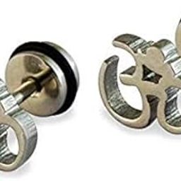 OM Piercing Men Jewellery Silver Aum Studs Clip On Combo Hoop OM Earings Ear rings Earrings For Men Boys Gents Girls Boyfriend Girlfriend - BALI-M9173 (2 PCS)-image-8