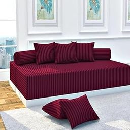 Jyotaksh Satin Stripe Diwan Set for Living Room, Guest Room Glace Cotton, Set of 8 Pieces (Size (60x90) Inch 1 Single Bedsheet, 5 Cushion Covers, 2 Bolster Covers) Maroon-image-22