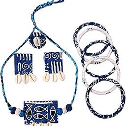 Handcrafted Indigo Jewellery Set with Shell Embellishments, Cotton Bangles and Necklace, Blue and White-image-5