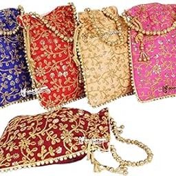 Gold Embroidered Bridal Potli Bags for Women, Potli Bags for Return Gift, Potli Bags for Ladies for Party, Potli Purse for Gifting (Set of 5)-2