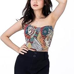 Color Me Art Strapless Corset Top for Women | Abstract Face Patchwork Design | Cotton Blend | Sweetheart Neckline | Lace-Up Back | Stylish Clubwear & Gifting | Regular Fit Casual Top-picture-7
