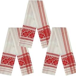 CHATTRI WALA Assam Handloom- Polycotton Assamese Traditional Gamusa with Red and White Floral Embroidery On Both Sides 50 * 22 inch Pack of 3-image-72