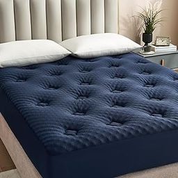 Hansleep Memory Foam Mattress Pad Queen, Pillow Top Mattress Topper Queen Viscose Derived from Bamboo with Deep Pocket, Breathable Mattress Topper for Back Pain Relief, 60" x 80", Navy Blue-0