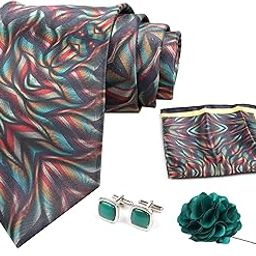 Mens Plaid Micro Self Silk Necktie Gift Set With Pocket Square Cufflinks & Brooch Pin Tie for Men Formal Tie Set with Box (Pack of 4) (Green, 2022AX_21)-image-41