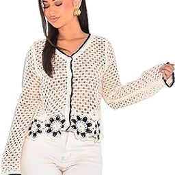 Women's Boho V-Neck Long Sleeve Crochet Hollow Out Botton-up Floral Crop Top Shirt DN101-image-94