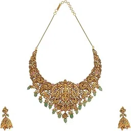 kushal's Fashion Jewellery Ruby-Green Gold Polished Antique Short Necklace With Push Back Jhumkas and Adjustable Chain for Bridesmaids, Necklace set for women - 435921-picture-24