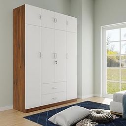 VIKI Wardrobe | Wooden Almirah for Clothes,Door for Bedroom with Loft, 4 Door Wardrobe with Drawer & Hanging Space (Brussel Walnut with Frosty White - 40Dx160Wx180H) | 1 Year Warranty | Free Assembly-image-69