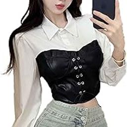 Wome Korean Style Lace-Up Collar Neck Smock Long Sleeve Fake-Two Peice Ruffled Crop Blouse Corset Top Dn77-image-94