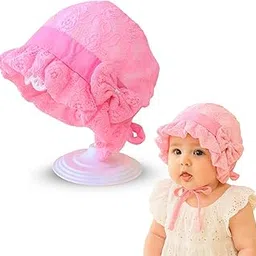 trubliz Cute Baby Girl Bonnet Hat for Newborns 0–6 Months – Soft Cotton Lace Cap with Bow – Breathable Summer Infant Headwear – Pink Hat for Baby Girl Photoshoots & Gifts. Pack of 1-picture-26