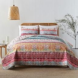 Boho Style Twin Size Quilt Set Reversible Bohemian Floral Strip Quilt Beddding Set, Soft and Lightweight Bedspread for All Season,XL Twin Bed Coverlet with 1 Matching Pillow Sham (2 Pieces)-16
