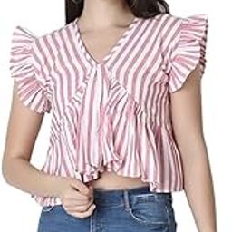 Women's Western Regular Fit Crop Tops | Fancy Stripped with Ruffle Sleeves | Button Down Lightweight Cotton for Girls | Suitable for College Office Casual Wear for Ladies-picture-16