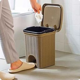 PARASNATH Rattan Design (Brown Colour) Pedal Dustbin 7 Litre Modern Lightweight Dustbin for Home and Office Brown Colour - Made In India - Small Size 8inchX8inchX11inch (Actual Price 799), Plastic-16