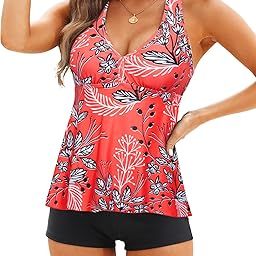 Women Two Piece Swimsuit Tankini Tops with Shorts Tummy Control Racerback Bathing Suits Swimwear-image-46