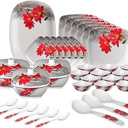 Thermador Pack of 40 Melamine Dinner Set (Red, White) | Unbreakable, BPA-Free, Dinner Plates, Bowls & Spoons | Lightweight & Dishwasher Safe Crockery Set-image-1