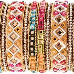 Gold Plated Traditional Silk Thread Handcrafted Vibrant Multicolor Embellished Bangles Chuda Bangle Set for Bridal/Women-image-13