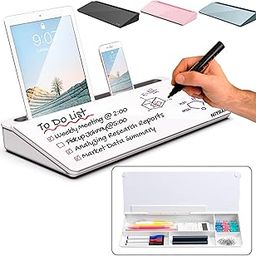 NITRAM Glass whiteboard for desks with storage for office supplies and tablet / mobile phone slot, Measurements: 40.5 x 18.5 x 6 cm, Includes eraser and 2 markers (White)-picture-13