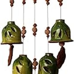 SULFAX Terracotta Ceramic Coated Green Wind Chimes with Five Bells of Straight Design Handmade Craft with Melodious Sound Bells.(33cm Long)-image-3
