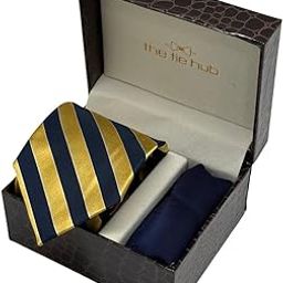 Navy Blue & Yellow Silk Necktie with Navy Blue Pocket Square Combo for Men – Stripe Design-9