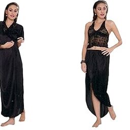 Women Satin Sheer Top Skirt & Over Coat Daily Sleepwear Set (1666D) Black-image-39