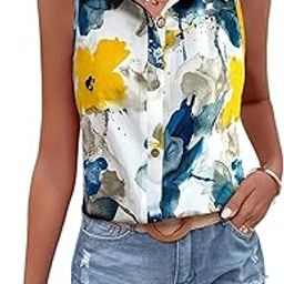 Women’s Sleeveless Button Down Shirt with Abstract Floral Print in Yellow and Blue - Lightweight Casual Summer Top for Relaxed Fit-7