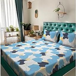 Klotthe Book Fold Blue Floral 300 TC Cotton Blend Double Bedsheet with 2 Pillow Covers-image-45