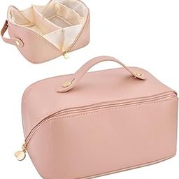 SHAMAX® Makeup Pouch, Pouches for Women, Cosmetic Makeup Pouch, Cosmetic Pouch for Women, Makeup Storage Orgnizer Bag PU Leather Travel Makeup, Wide Opening Cosmetic Orgnizer Bag (Pink)-image-9