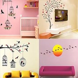 Ghar Kraft PVC Vinyl Wall Sticker Love Birds with Hearts | Branches and Cages | Magical Tree Sunrise with Flying Birds - Multicolor - Set of 4-picture-13