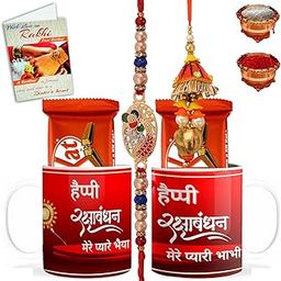 Rakhi Combo Set For Brother Bhabhi, Designer Lumba Rakhi Combo Set of 2 - Rakhi Gift Sets for Brother & Bhabhi with Chocolate, Coffee Mugs, Greetings Card & Roli Chawal-BCRakhi-L-09_D-02_Mug-BB-image-7