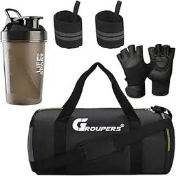 groupers Duffle Polyester Bag with Wrist BandlGloveslShaker Bottle -400 ML (Black)-picture-42