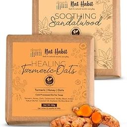 Nat Habit Sandalwood De-Tan & Turmeric Oats Bath Soap Combo | Cold-Processed Ayurvedic Soaps with Rakt Chandan & Haldi | Body Tan Removal, Skin Brightening| Handmade Soap for Women & Men | 125g Each-image-84