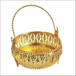 ROYAL DECO ART Metal Gold Finish Round Basket with Handle Baby Pooja Flower Basket (Pack of 1)-image-45