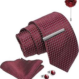 Tie for Men – Checkered Silk Neck Ties Set with Cufflinks Flower Pin, Pocket Square & Black Gift Box, Combo Necktie Sets for Office Wear, Formal Suits & Weddings (Deep Wine, NXWDS_257)-image-3