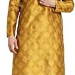 (Since 1958 Men's Jacquard Silk Dark Green Self Design Kurta & Off White Churidar Pyjama Set-image-38