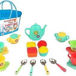 PLUSPOINT 20pc Tea Set with Basket Tea Party Pretend playset for Kids teapot Play Set Pretend Play Set Girls Kitchen Toy teapot Gift for Kids Children Boys Girls 3 Years Old (Tea Set with Basket)-image-28