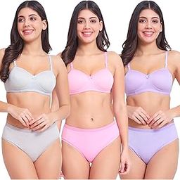 Women' s Premium Lighlty Padded Bra Panty Set Pack of 3 in (Multicolor)-7
