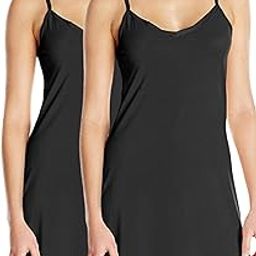 Women's Seamless Long Camisole Fitted Slip with Spaghetti Straps Tank Top (Black-Black)-image-84
