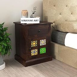 Sheesham Wood Bedside Table for Bedroom | Wooden Bed Side Nightstand Table with Multicolor Tiles, Drawer & Door Storage | Night Stand Lamp Holder for Home & Office | Walnut-19